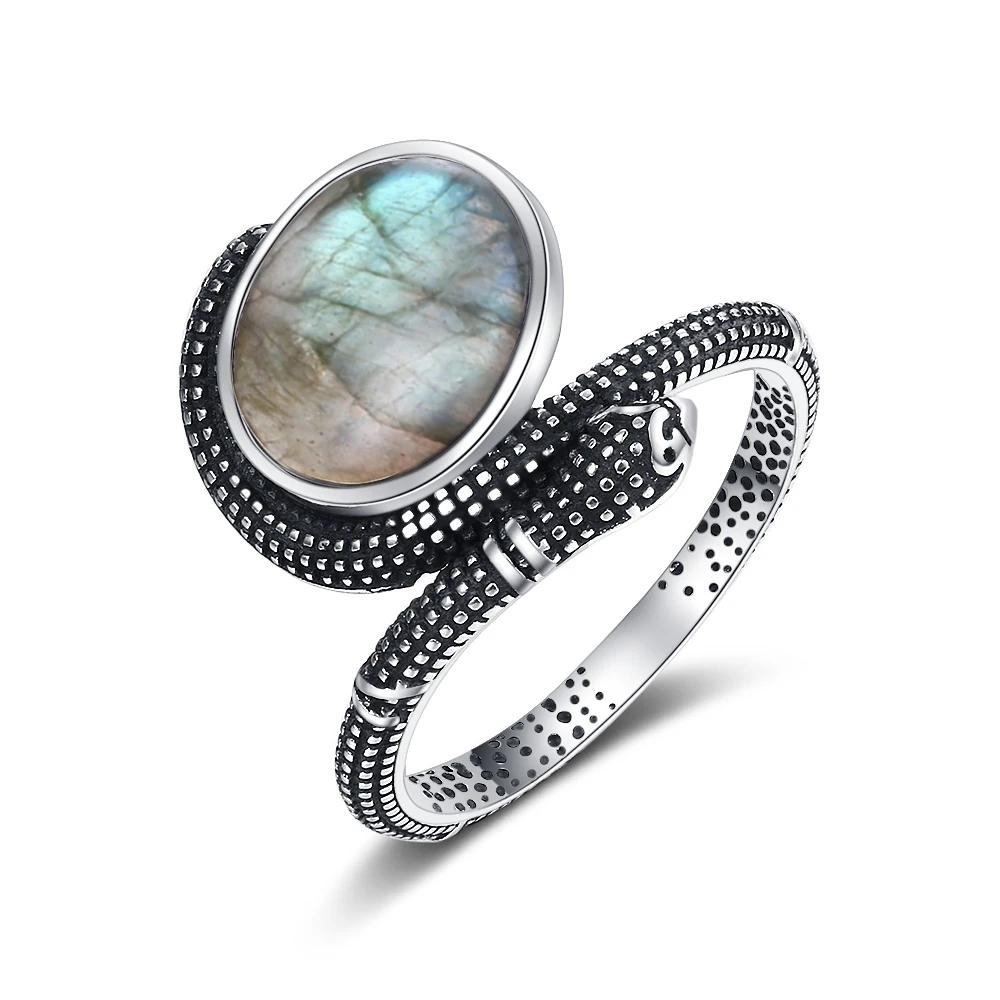 Snake Shaped Vintage Ring Natural Labradorite Ring 10*12MM Turquoise Moonstone Retro Gift for Women Men Fine Jewelry