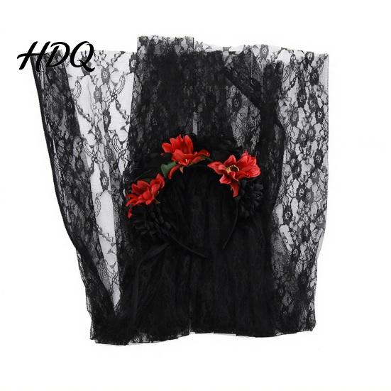 Integrated Headband Gothic Style Hair Hoop Hollow See-Through Lace with Simulated Flowers