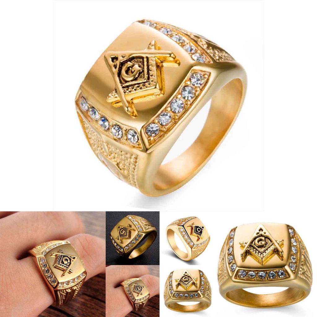 Trendy Geometric Masonic Symbol Ring With Artificial Gemstone Inlay For Mens Hip Hop Fashion Jewelry