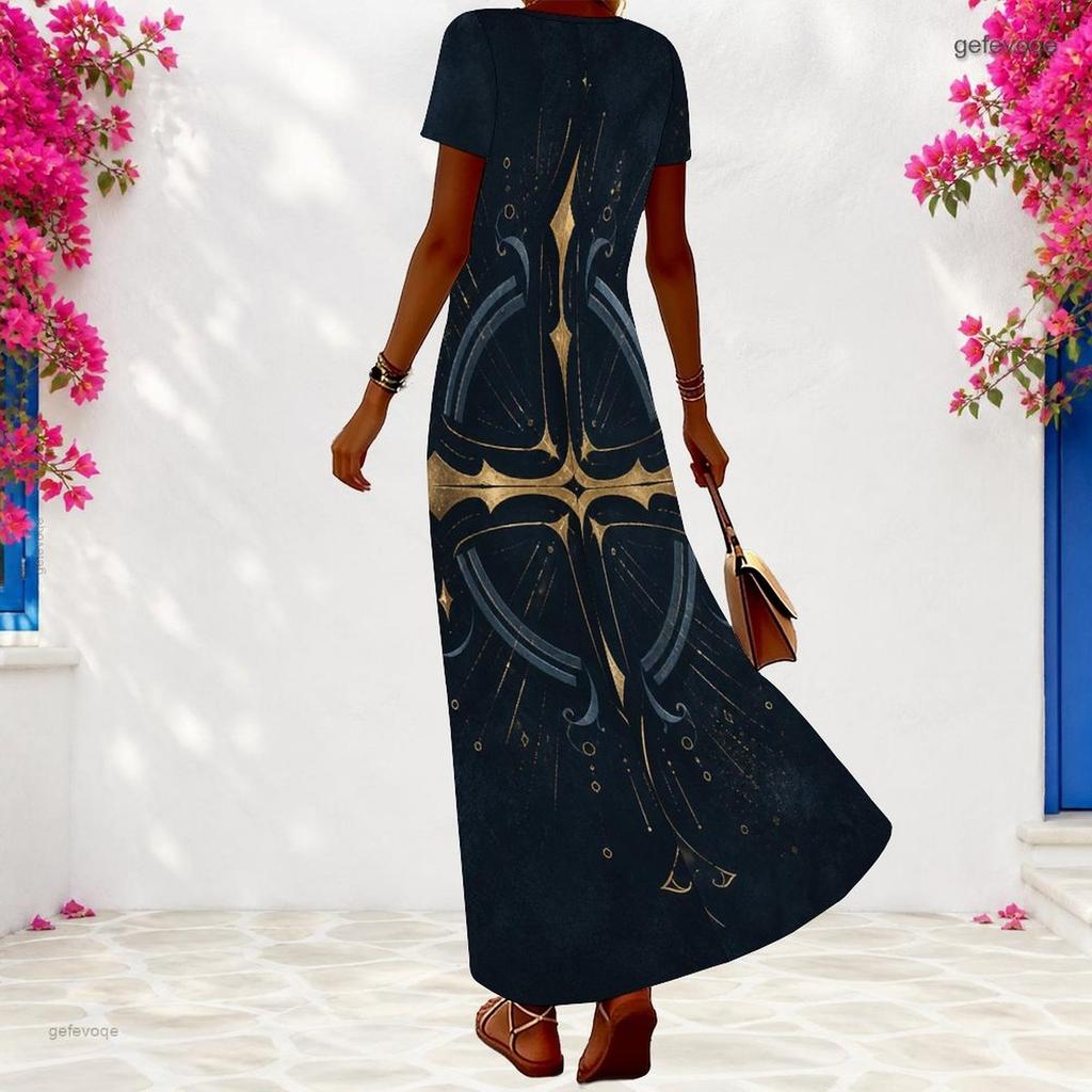 Women Plus Size V Neck Short Sleeve Star Swirl Printed Long Dress Red Blue White