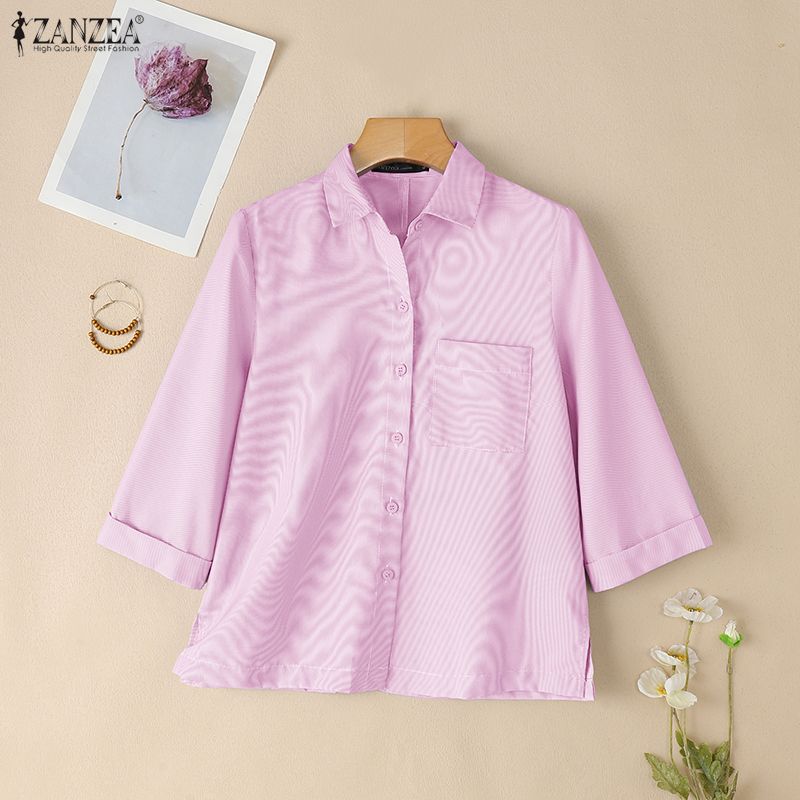 ZANZEA Womens Casual Turn Down Collar Loose 3/4 Sleeve Stripe Blouse