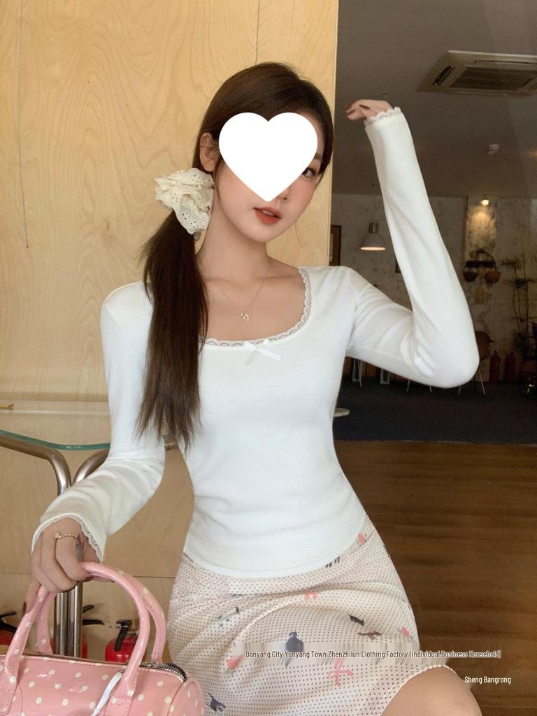Bow Lace Spliced Sexy Long Sleeve Square Neck T-shirt for Women - 2025 Early Autumn Edition