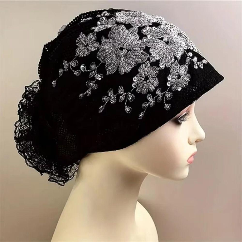 Turban Cap Floral Lace Caps Embroidery Beanie Hair Cover Cap Women Headscarf  Lady Female