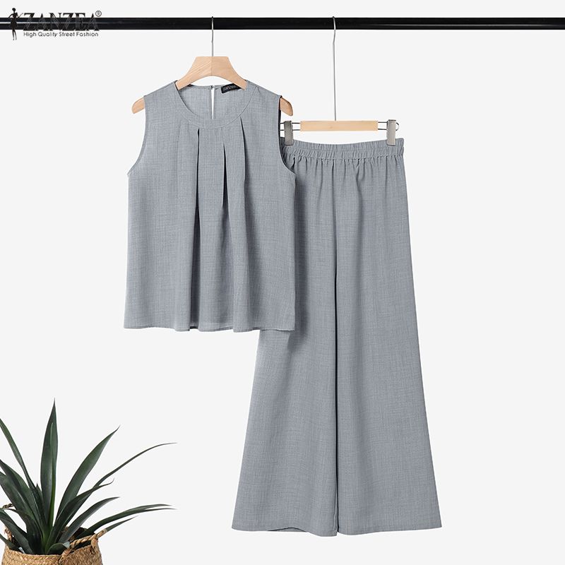 ZANZEA Women Sleeveless Blouse and Long Pants Casual Two Piece Suit Sets