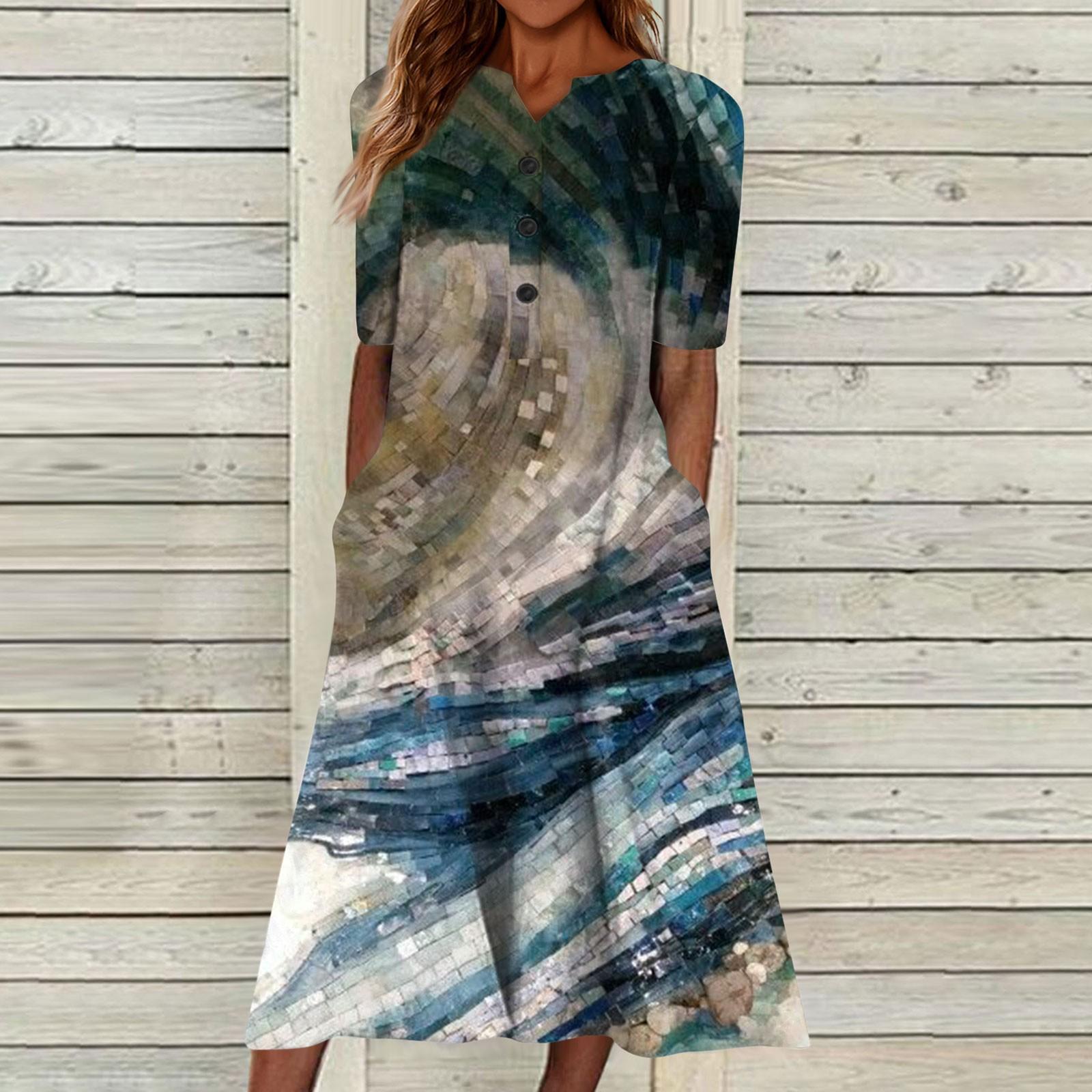 

Летнее платье для женщин 2023, повседневное пляжное свободное платье с v-образным вырезом и короткими рукавами с принтом