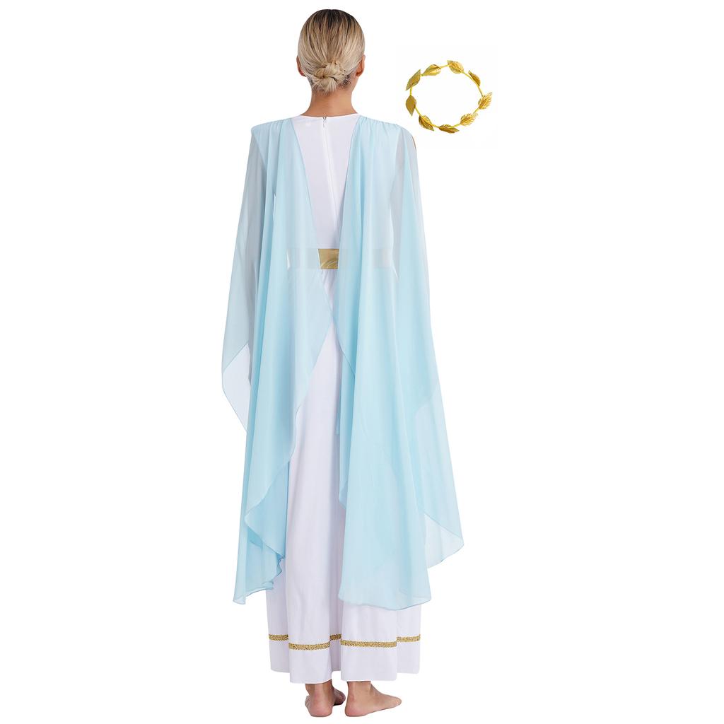 Damen Halloween Griechische Schönheits Kostüm Goldene Blätter Girlande Kopfschmuck Chiffon Kappenärmel Antikes Toga Kleid
