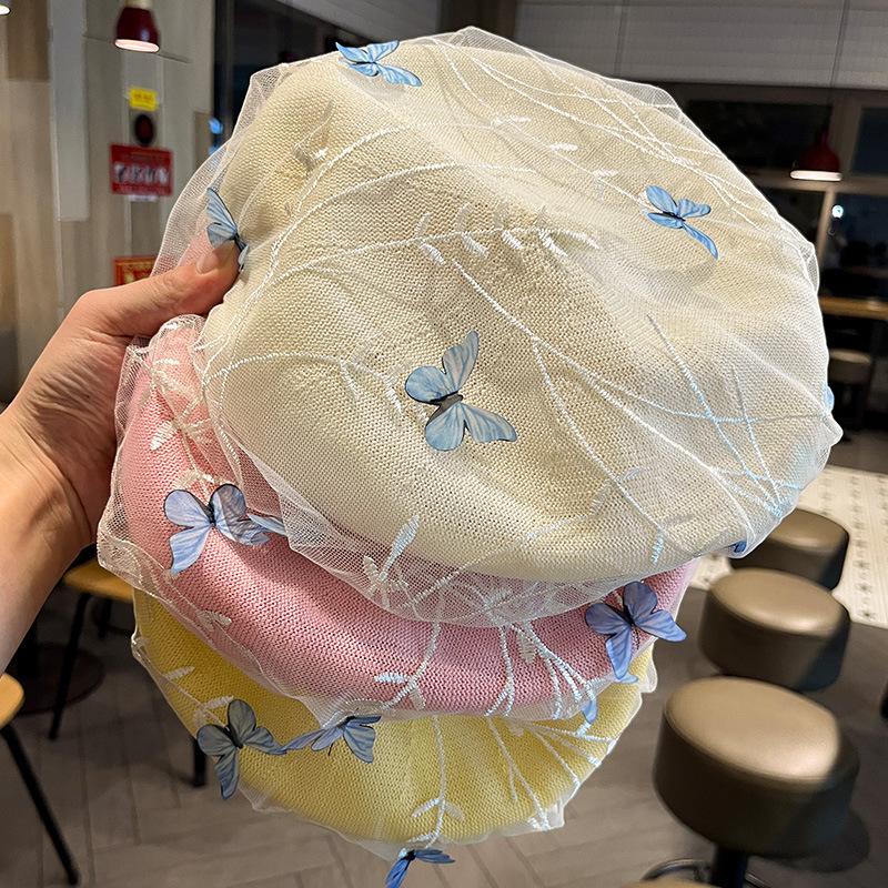 3D Butterfly Mesh Beret Hat For Women Sweet Japanese Style Summer Thin Face Slimming Painter Hat Small Bud Hat