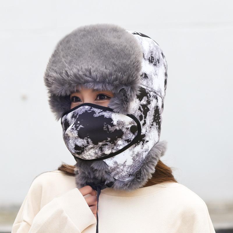 

New camouflage female imitation rabbit fur piled thickened thermal cap winter cold hat outdoor travel ear cap L（58-60cm）