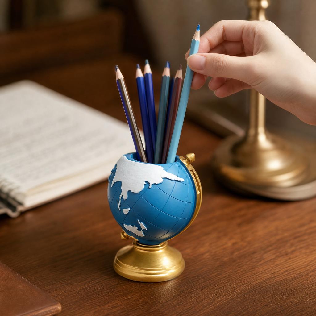 Pen Holder with Rotating World - Creative Desk , Stylish Home Decor, Perfect for Pens and Supplies
