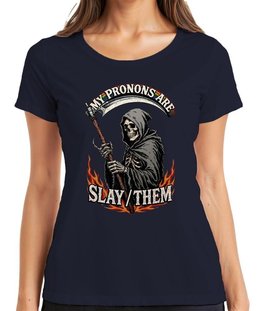 My Pronouns Are Slay Them Grim Reaper Skeleton Rainbow Pride Unisexs TShirt S