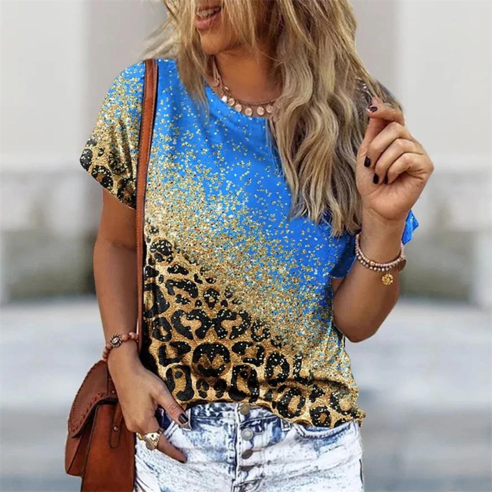 Women s Fashion 3D Leopard Print Short-Sleeve T-Shirt, Casual Round Neck Loose T-Shirt, Fun Women s Top L