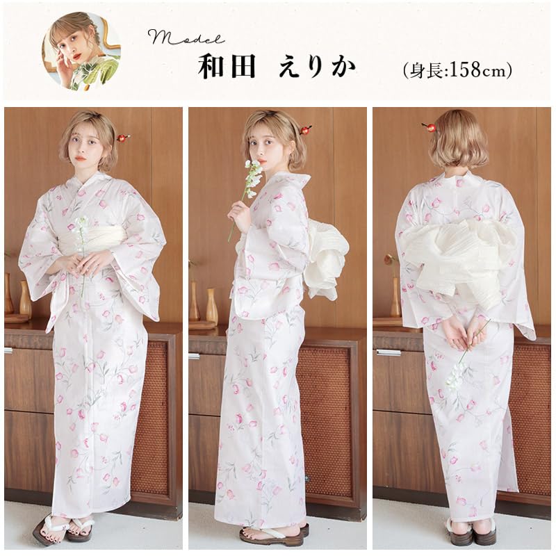 Dita Yukata Set with Heko Obi In Pink and White with a Lily of the Valley Floral and Watercolor Girly Easy To Dress by Yourself Sakura Blossom Lily of