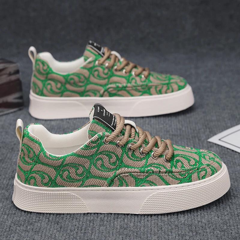 FashionDesigner Green Canvas Shoes Men Fashion Print Mens Vulcanized Sneakers Breathable Platform Sports Skateboard Shoes For Men 2024