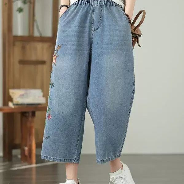 Artistic Retro Heavy Industry Embroidered Cowboy Wide Leg Pants Summer New Style Elastic Waist Versatile Light Blue Nine Cent Pants for Women