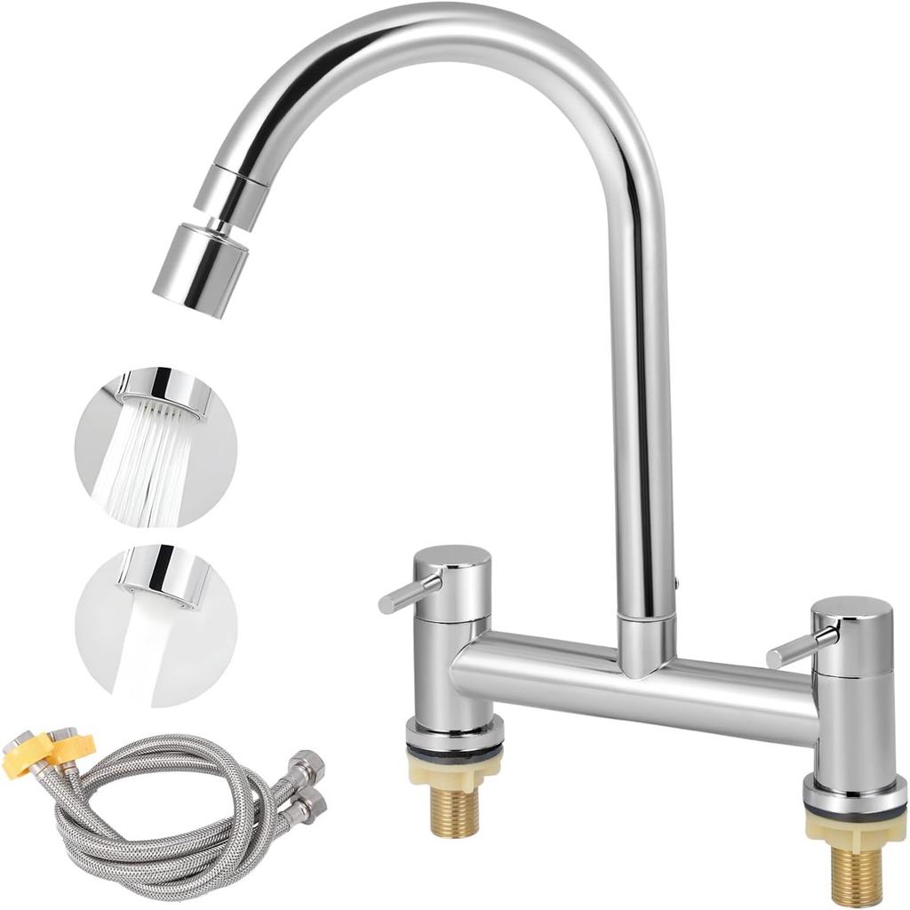 Kitchen Bridge Mixer Taps with 360° Swivel Spout, 2 Hole Sink Mixer Taps Dual Levers Faucet, 180 Mm Centers Deck Mounted Chrome Sink Tap 2 Function