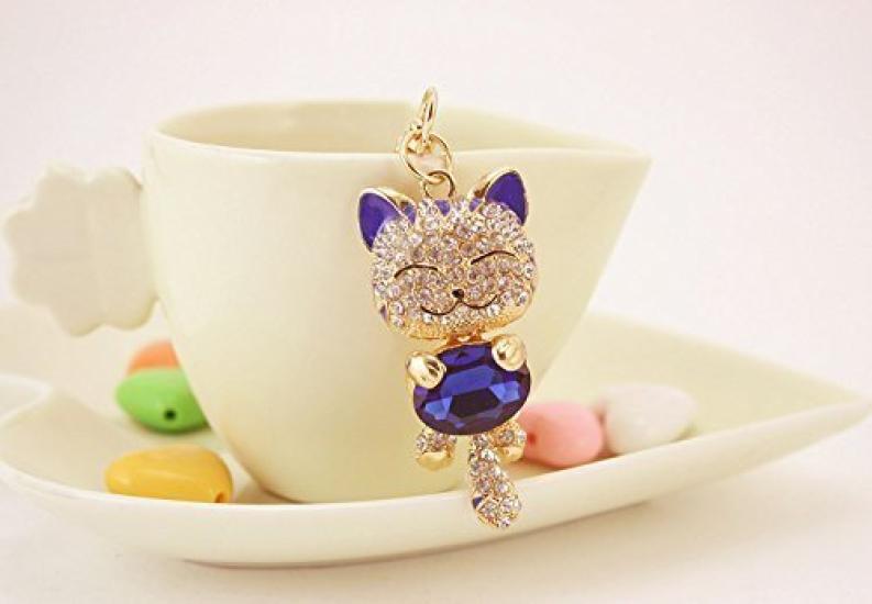 

[BERUKO] Soothing, Smiling, Cute Cat, Happy Kitty, Sparkling Stone Keychain (Blue)