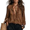 Solid Color Pullover Women Ruffle V-Neck Top, Casual Long Sleeve Breathable Shirt Shirt, Retro Pleated Loose Blouse for Autumn