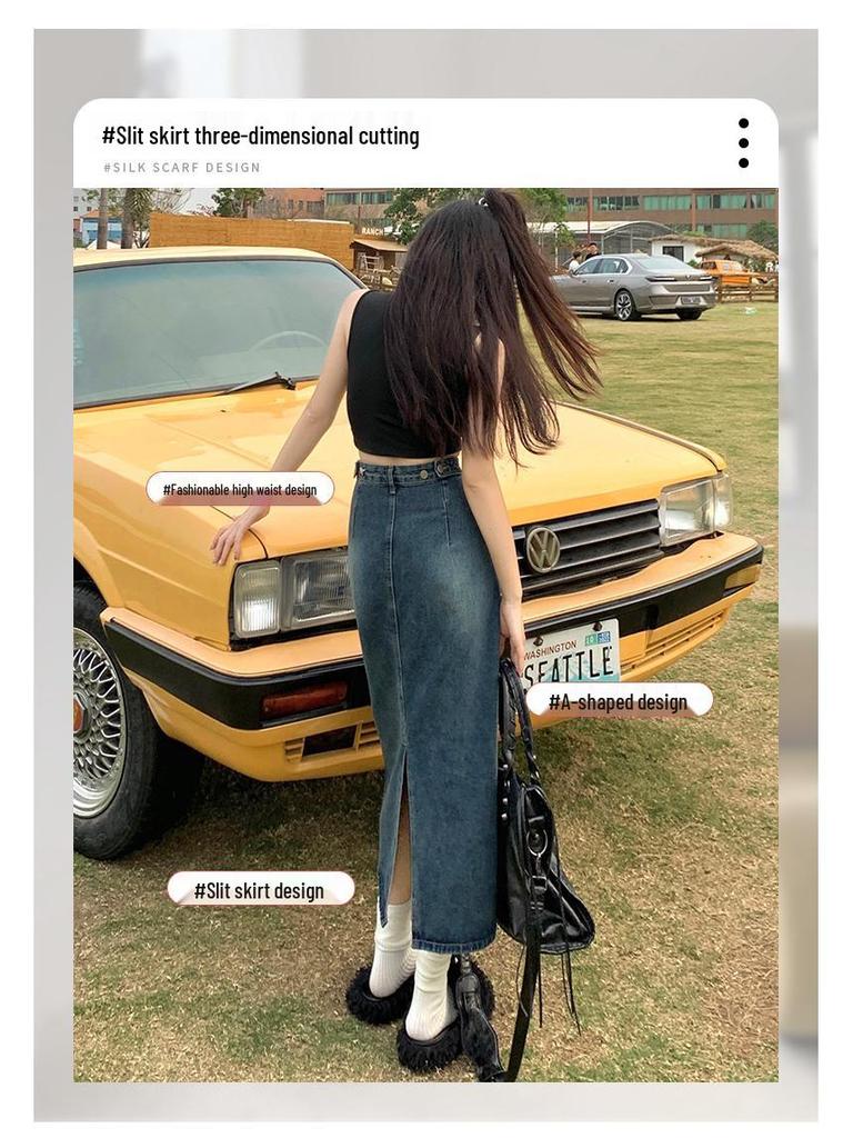 High-Waisted Slit Denim A-Line Skirt - Spring/Autumn Retro Long Skirt