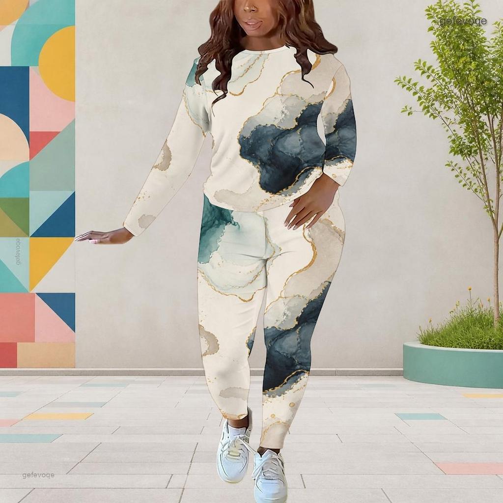 Women Plus Size Printed Round Neck Long Sleeve Top And Fitted Pants Two Piece Set