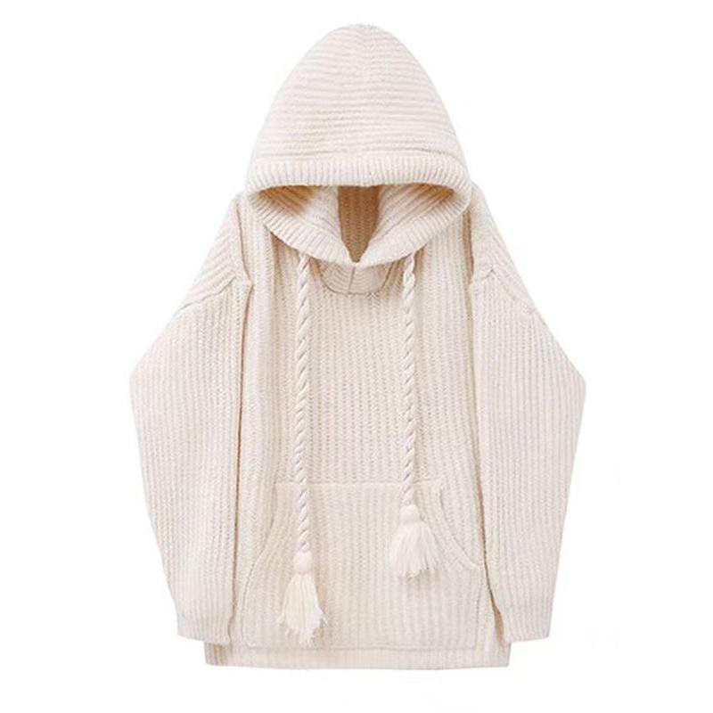 

Свободная вязаная толстовка с капюшоном средней длины большого размера, утепленный свитер для женщин One size белый