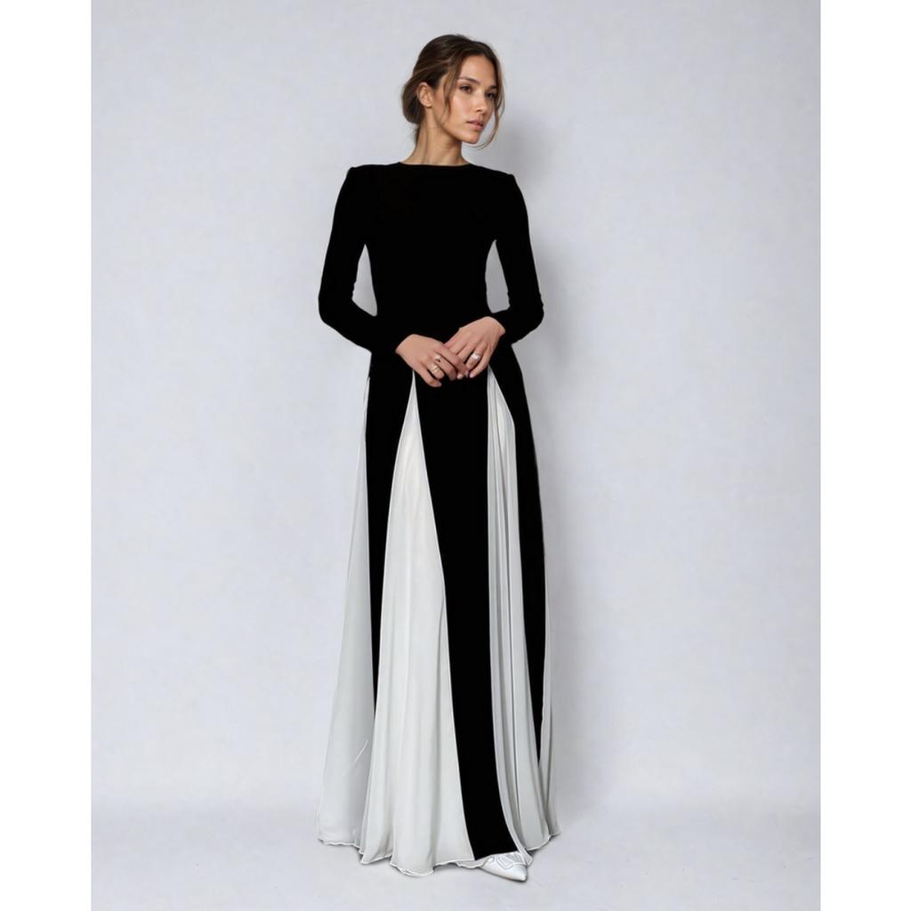 Fall Winter New European American Women's Clothing, Crew Neck Colorblock Long Sleeve High Waist Slim Elegant Vintage Evening Dress