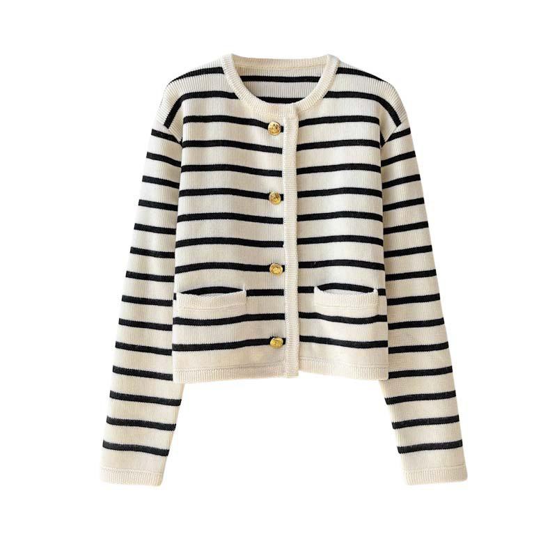 Gold Buckle Contrasting Stripe Round Neck Small Fragrance Style Knitted Cardigan Women's Spring and Autumn French Loose Short Outer Sweater Jacket
