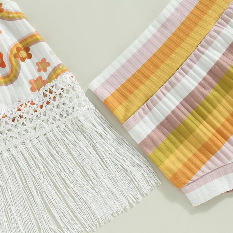 Baby Girl Summer Outfit Flower Print Tassel Hem Tie-Up Halter Neck Sleeveless Tank Tops Stripe Shorts Headband 3Pcs Clothes Set