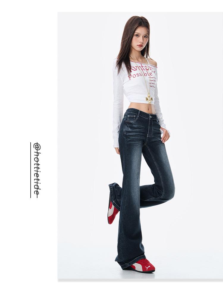 Blue-Gray Low-Waisted Slim Fit Flared Jeans for Women - Autumn Design