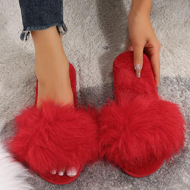 Fashion Women's Fashion Fluffy Faux Fur Slippers Winter Warm Comfortable House Slippers for Women Solid Color Soft Plush Indoor Slides