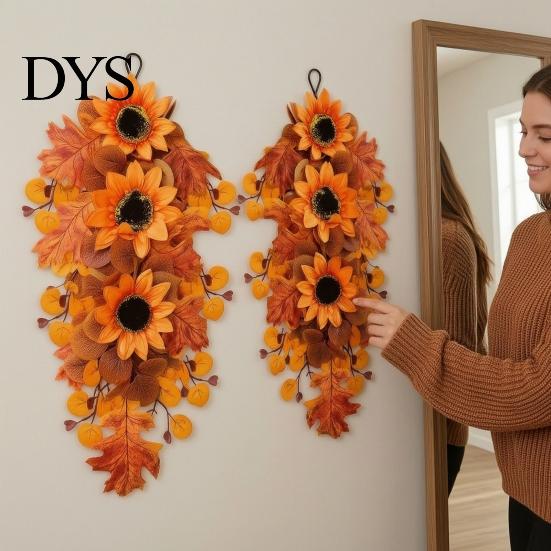 Decorative Sunflower Berries Garland Fall Maple Leaf And Teardrop Swag for Farmhouse Front Door Decor, 50x37cm Realistic Foliage Wreath Artificial