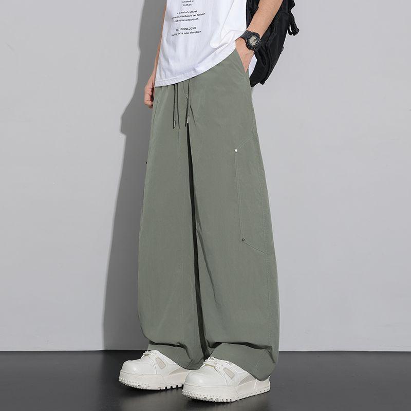 Summer new scimitar splicing loose moss green straight wide-leg casual pants men's very light pants
