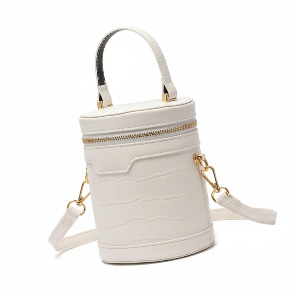Modische Zylinder Handtasche Tote Damen PU Leder Verstellbar Elegant Umhängetasche für Tägliche Arbeit Weiß