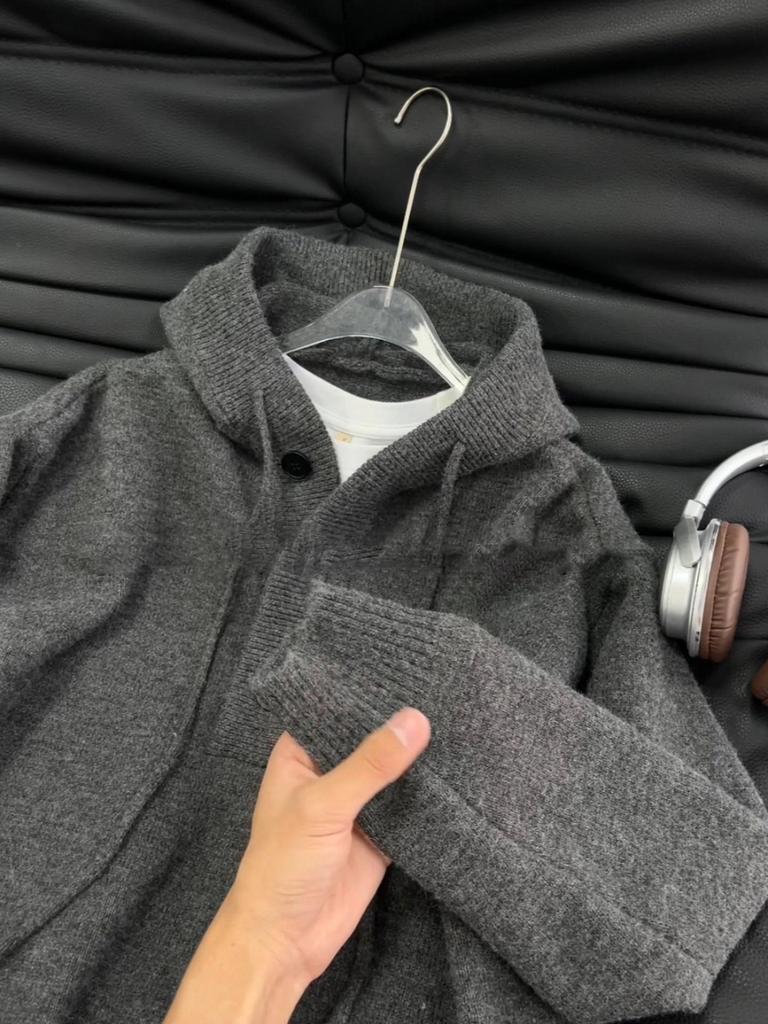 Men's Deep Gray Heavyweight Hooded Henley Pullover Knitwear - Autumn/Winter High-End Outerwear