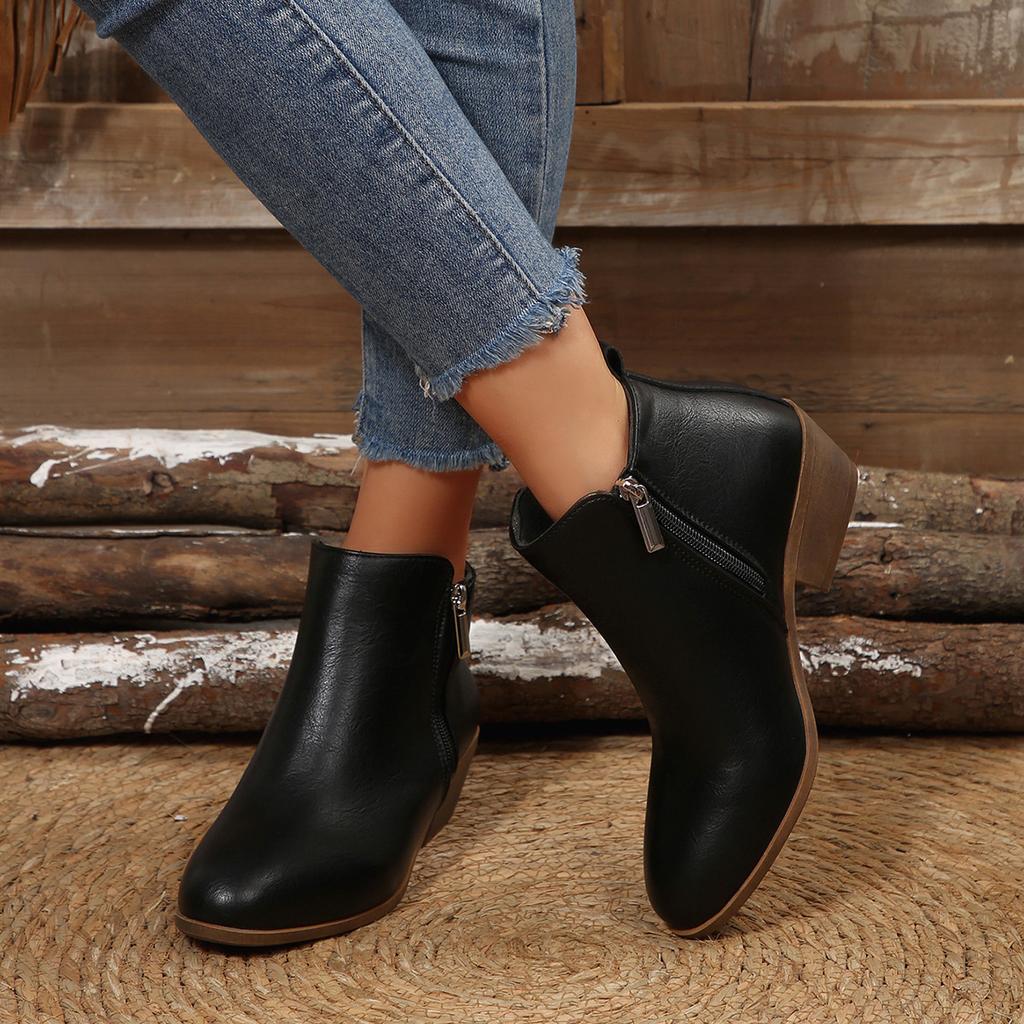 Vintage side zipper mid-heel short boots women's autumn thick heel plus size Chelsea boots