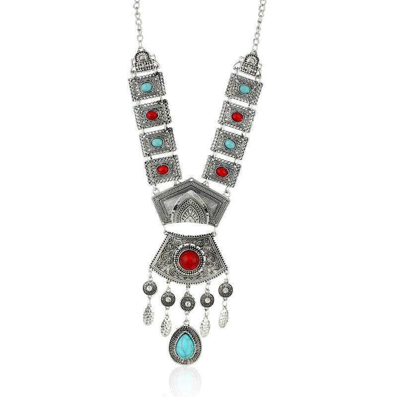 Style Simulation Ethnic Gemstone Decoration Women Metal Necklace With Tassel