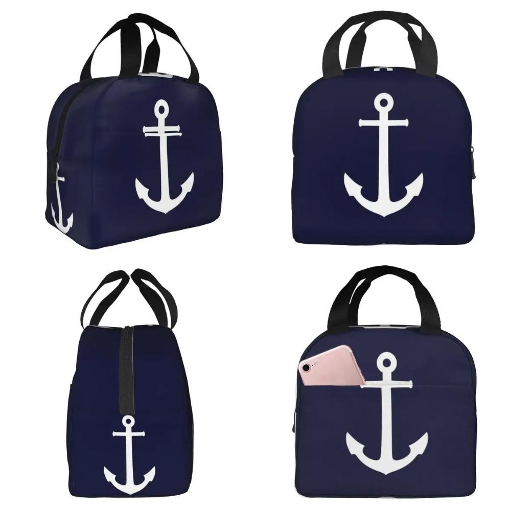 White Anchor On Navy Blue Insulated Lunch Bag for Women Office Cooler Thermal Food Box Tote Portable Lunch Boxes Container