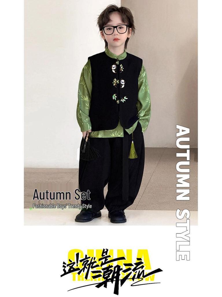 Traje Chinês Tang para Meninos Outono 2025: Conjunto de Camisa e Calça Bordada de Panda Estilo Antigo