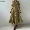 Women Casual Turn Down Collar Short Sleeve Loose Long Shirt Dress