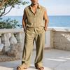 European Men's Linen Sleeveless Lapel Shirt & Long Pants Set – Breathable for Vacation