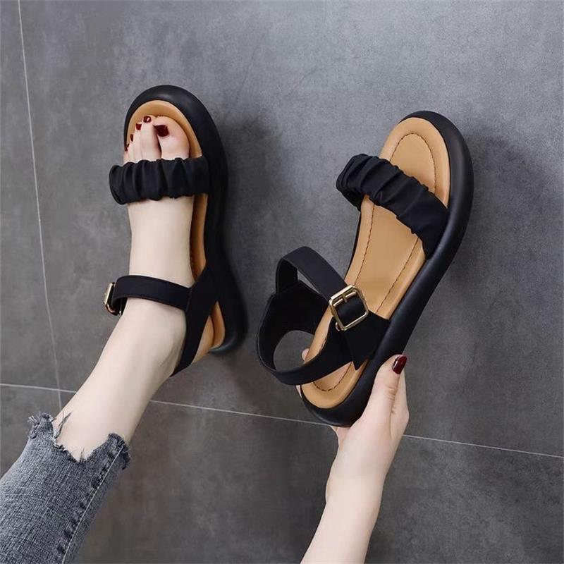 2025 new flat-soled sandals women's summer wear open-toe one-word buckle soft-soled versatile comfortable non-slip beach shoes