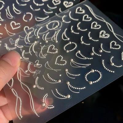 New Pearl Chain Nail Art Sticker Finished Crystal Diamond Embossed Sticker White Nail Patch with Adhesive Backing
