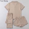 Women Pajama 3‑Piece Set, Color Cotton Button Open Shirt Shorts Pants, Khaki Loose Loungewear For Home Sleep