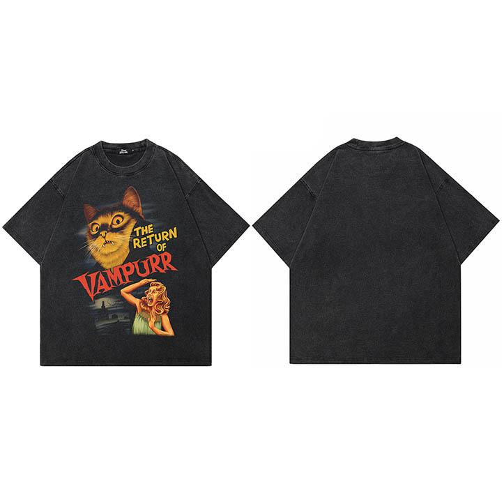 

Hip Hop Vitnage Washed Black TShirt Streetwear Retro Movie Vampurr Cat Graphic T Shirt Cotton Unisex Tshirt Men Tops Tees S