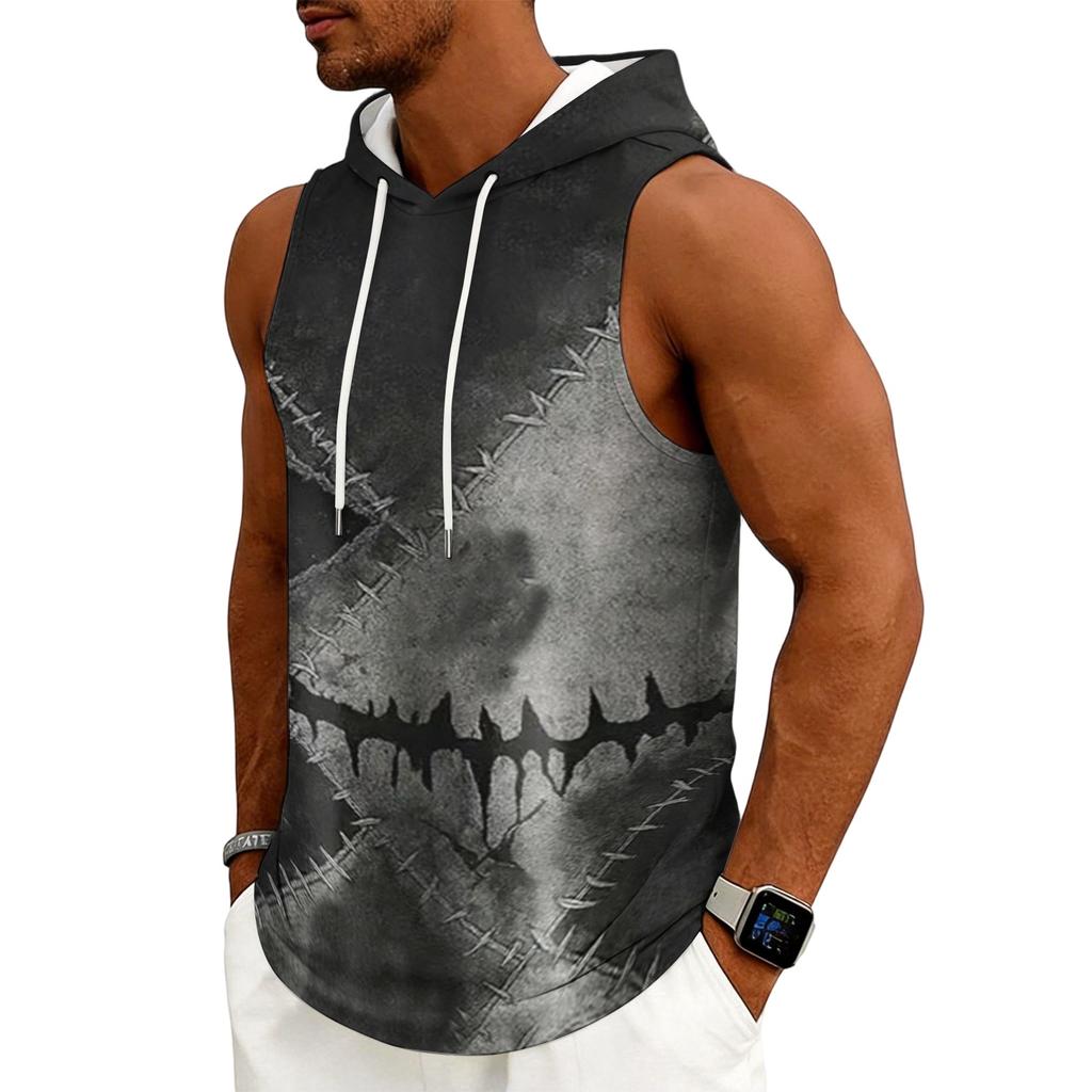 Men's Sleeveless Hoodie Casual Drawstring Hooded Tank Top Halloween Print Streetwear Muscle Fit Summer Vest