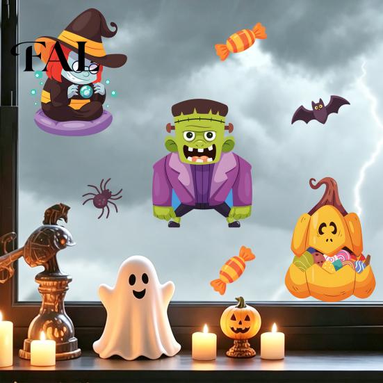 Indoor Outdoor Festive Supplies Halloween Static Window Clings, Cartoon Ghost Pumpkin Witch Monsters Decals, Waterproof Decorative Decals