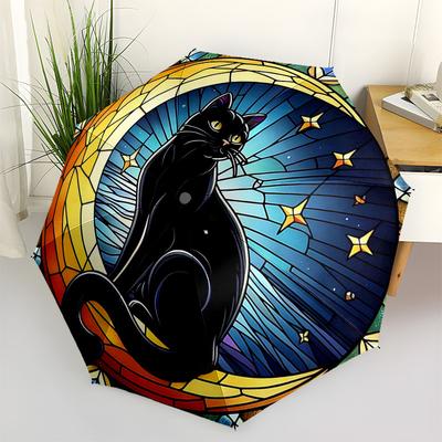 1pc Stained Glass Black Cat Design Automatic Folding Umbrella - Portable 3-Fold Design with 8-Bone Iron Frame, Outdoor for Fans, Travelers, Daily Use,