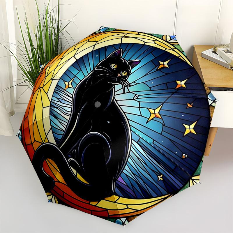 1pc Stained Glass Black Cat Design Automatic Folding Umbrella - Portable 3-Fold Design with 8-Bone Iron Frame, Outdoor for Fans, Travelers, Daily Use,