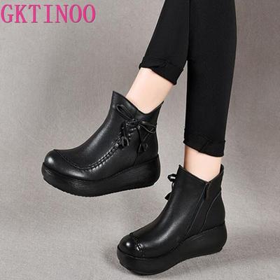 Fashion GKTINOO Ankle Women Boots Genuine Leather Round Toe Women Shoes Zip 2025 New Wedges Handmade Leisure Platform Boots Size 33-40