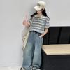 Gestreiftes Polo-Shirt und Jeans-Hose mit weitem Bein für Mädchen - Koreanischer Stil Lässige Sommer-Mode