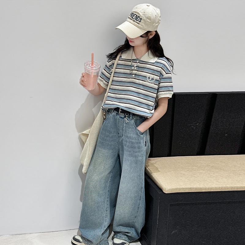 Gestreiftes Polo-Shirt und Jeans-Hose mit weitem Bein für Mädchen - Koreanischer Stil Lässige Sommer-Mode